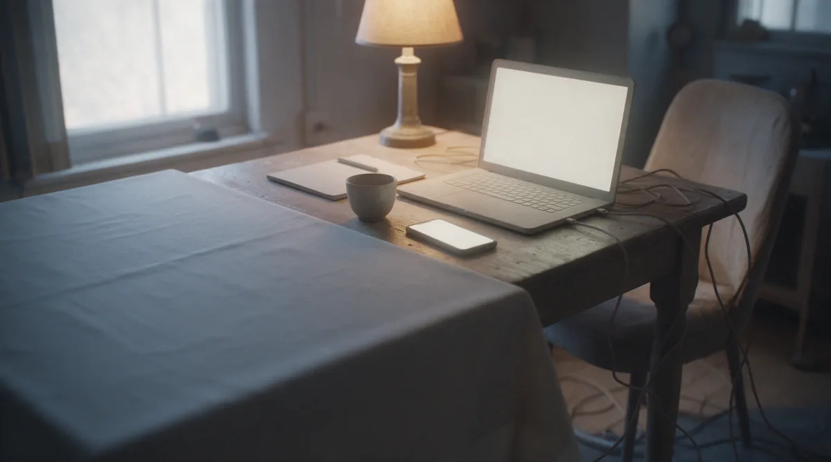 Une table de cuisine le soir : un portable ouvert, un téléphone posé à côté, un bloc-notes, une tasse de thé, une lampe chaude.