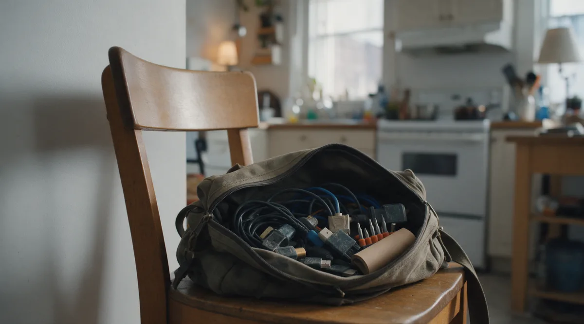 Un sac d’outils ouvert sur une chaise de cuisine : câbles enroulés, adaptateurs, petit tournevis, clé USB.
