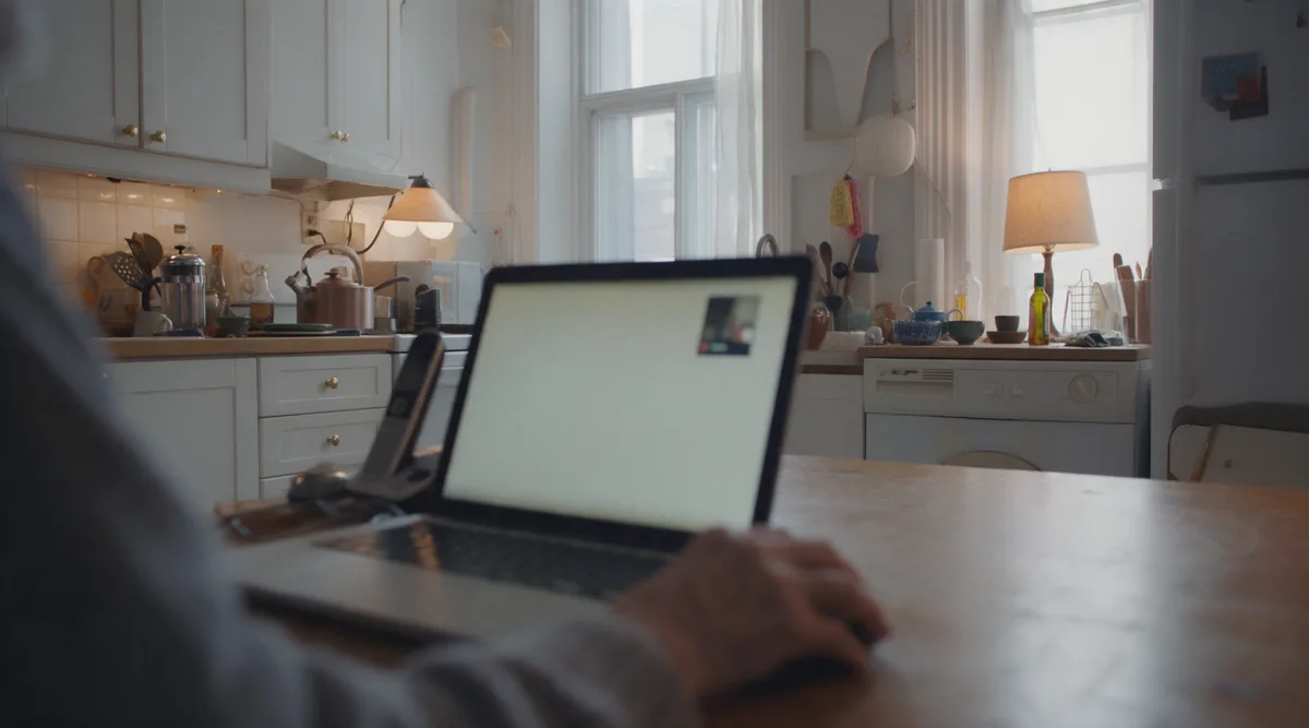 Un portable ouvert sur une table de cuisine, une petite fenêtre d’appel floue à l’écran, une main âgée sur la souris, un combiné à côté.